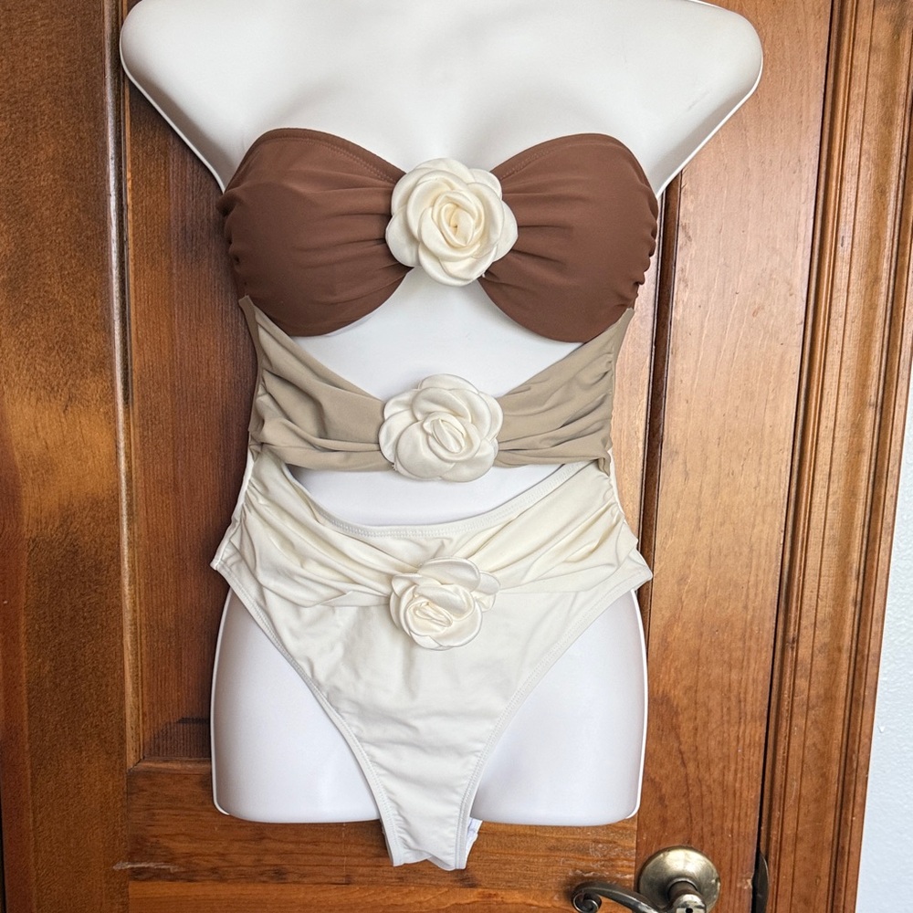 SHEIN Tan and Cream Floral One Piece Swimsuit